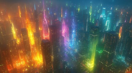 Naklejka premium A sprawling futuristic cityscape bathed in rainbow-hued neon lights, skyscrapers glowing with vibrant colors, reflections on wet streets, a dynamic and bustling atmosphere, misty haze in the air,