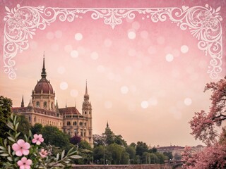 Fototapeta premium Elegant Pink Background with Ornamental Border in Bokeh Effect, Perfect for Invitations, Greeting Cards, and Background Designs for Various Creative Projects
