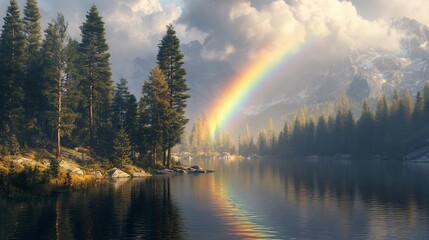 A tranquil lake surrounded by dense pine trees, a vivid rainbow arching across the sky with its reflection perfectly mirrored in the still water, soft sunlight illuminating the forest,