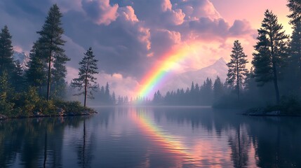 A tranquil lake surrounded by dense pine trees, a vivid rainbow arching across the sky with its reflection perfectly mirrored in the still water, soft sunlight illuminating the forest,