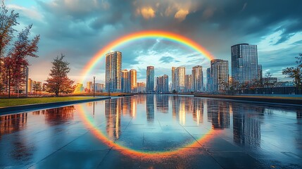 Obraz premium A vibrant double rainbow arching over a modern city skyline after a rainstorm, the wet streets reflecting the colors, dramatic clouds lingering in the sky, sunlight breaking through,