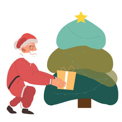 santa claus with gifts and chritsmas tree illustration