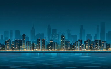 Night cityscape skyline. Serene urban nightscape; glittering city lights reflecting on tranquil water.  Evokes peace and modern city life.