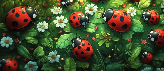 Obraz premium Close-up shot of many ladybugs crawling on green grass and white flowers.