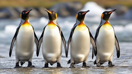 Fototapeta premium Four King Penguins Standing in a Watery Environment