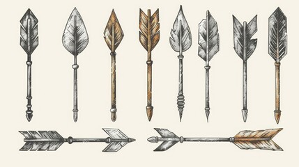 Set of hand-drawn arrows with feathers in different styles.
