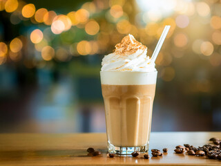Caf&eacute; Fr&iacute;o con Crema Batida y Canela: Bebida Refrescante en Fondo con Luces Bokeh