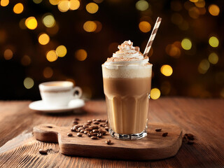 Delicioso Caf&eacute; Fr&iacute;o con Crema y Canela sobre Tabla de Madera,