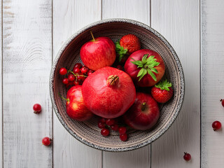 Frutas rojas frescas en un recipiente r&uacute;stico sobre fondo de madera blanca