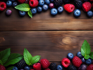 Frutos rojos y ar&aacute;ndanos frescos sobre fondo r&uacute;stico de madera