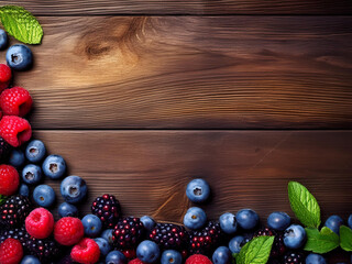 Frutos rojos y ar&aacute;ndanos frescos sobre fondo de madera r&uacute;stica con hojas de menta