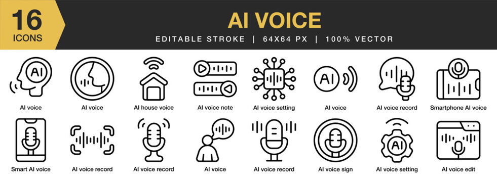 AI Voice icon set. Editable Stroke Icon Collection. Includes Voice, Ai, Recognition, Artificial, Intelligence, Robot, and More. Outline icons vector collection.