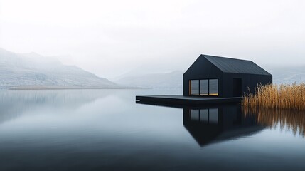 Obraz premium A realistic black house by a peaceful lake, mountains in the distance, reflecting in the water, moody natural light, scenic atmosphere