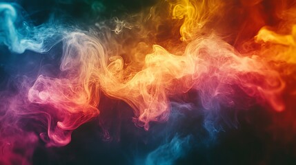 Abstract rainbow smoke tendrils curling and weaving against a dark backdrop, vibrant colors standing out, ethereal and surreal, photorealistic clarity, dynamic lighting, high-definition quality,