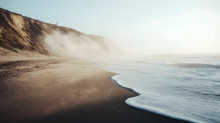 Fototapeta premium serene rocky beach with gentle waves, mist rolling in from ocean, and distant lighthouse. tranquil atmosphere invites relaxation and reflection