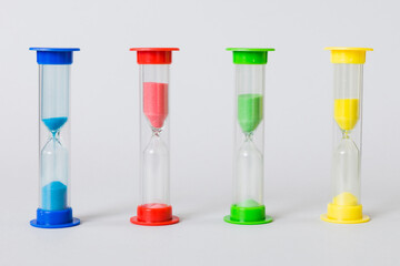 hourglass on the table, sand clock as time passing concept for business deadline, copy space
