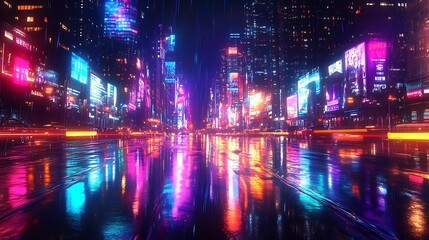 Obraz premium Blurred rainbow-colored light trails winding through a dark city street, reflections on shiny surfaces, skyscrapers illuminated with neon lights, energetic and fast-paced, abstract long exposure,