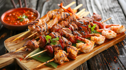 Grilled food, Selection of grilled skewers including shrimp chicken