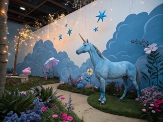 Enchanting Blue Unicorn in a Dreamlike Watercolor Landscape with Fantasy Elements and Ethereal Colors for Imaginative Illustration Design