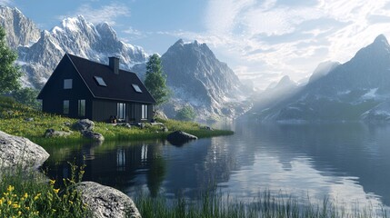 Fototapeta premium A realistic black house sitting beside a calm lake, surrounded by majestic mountains,