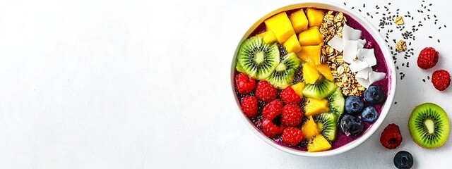 Acai bowl with fresh fruit slices on white table
