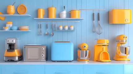 Bright and cheerful kitchen scene featuring yellow and blue appliances, creating a modern and inviting atmosphere.