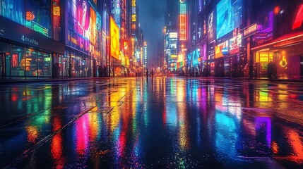 Fototapeta premium Cyberpunk-inspired futuristic cityscape with rainbow neon lights, tall buildings glowing in multiple colors, wet streets enhancing reflections, vibrant and energetic atmosphere,