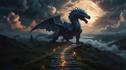 dragon on a hill with a full moon behind it
