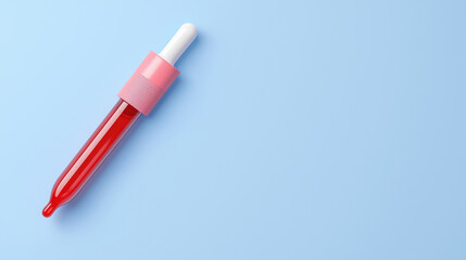 Red liquid dropper with pink rubber bulb lies on light blue background, creating striking contrast
