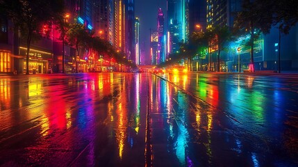 Obraz premium Cyberpunk-inspired futuristic cityscape with rainbow neon lights, tall buildings glowing in multiple colors, wet streets enhancing reflections, vibrant and energetic atmosphere,