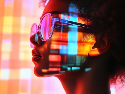 technological literacy, close up, focus on, copy space, vivid colors, double exposure silhouette with futuristic circuit board