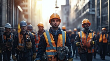 Fototapeta premium A group of male construction workers in helmets and vests walking through a city street at sunset.