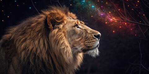 Naklejka premium Enchanting Fashion Photography Featuring a Leo Zodiac Sign with a Lion Head Surrounded by Fantasy Lights in a Dark Panoramic Horoscope Setting
