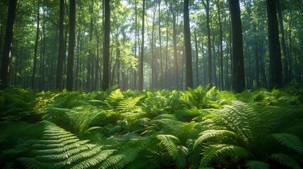 Sunbeams illuminate a lush forest floor with ferns.