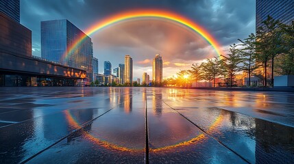 Fototapeta premium Double rainbow arching over a modern cityscape, the vibrant colors standing out against a moody post-storm sky, reflections shimmering on the wet pavement, sunlight breaking through,