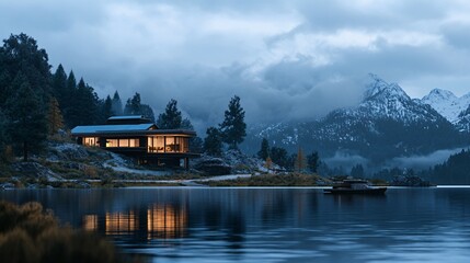 Obraz premium Dark-toned realistic house overlooking a lake with mountains in the distance, moody atmosphere, soft lighting, calm reflections in water