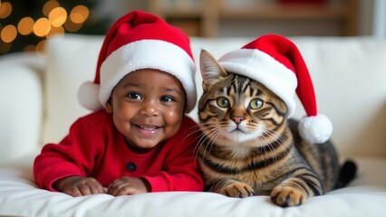 Portrait baby with cat wearing red christmas hats, cute infant child with kitten new year