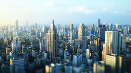 Obraz premium A vibrant city skyline featuring skyscrapers under a bright blue sky.