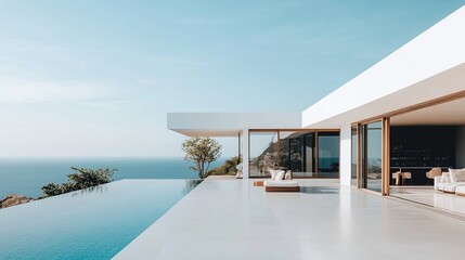 Fototapeta premium An elegant beach villa with minimalist aesthetics offers sweeping ocean views and clear skies covered in white clouds