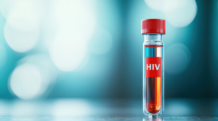 Test tube with red cap labeled HIV contains blood sample, set against blurred blue background, symbolizing medical research and diagnostics