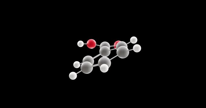 Benzoic acid molecule, rotating 3D model of aromatic carboxylic acid, looped video on a black background