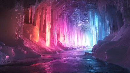 Obraz premium Enchanting ice cave interior with a rainbow light display, translucent walls casting a colorful glow, icicles reflecting the spectrum of light, mystical and serene, detailed ice textures,