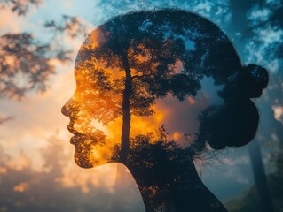 background, close up, focus on, copy space, vivid colors, double exposure silhouette with watercolor splashes