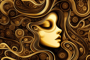A woman's face is shown in a gold and black color scheme. The woman's face is surrounded by a lot of circles, which gives the image a very abstract and artistic feel