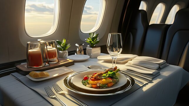 An elegant dining setup in a private jet featuring a gourmet meal, enhancing the luxury of air travel.