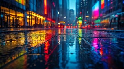 Obraz premium Futuristic urban scene with rainbow neon lights casting vibrant colors across the cityscape, sleek architecture, misty rain creating reflections on the streets, lively and electric atmosphere,