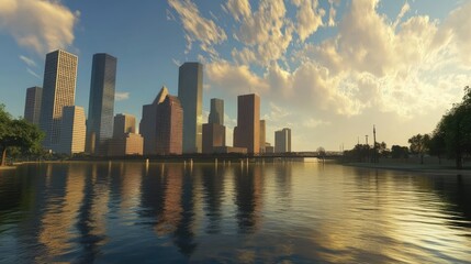 Fototapeta premium City skyline at sunset reflected in the calm waters, showcasing modern skyscrapers against a colorful sky.