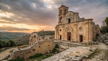 Fototapeta premium Enchanting Ruins of the Ancient Church of Saints Luca and Giuliano in Grottole, Matera, Basilicata, Italy with Bokeh Effect Capturing the Essence of History and Nature