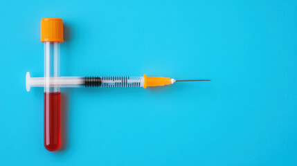 Fototapeta premium Syringe and blood sample tube on blue background, symbolizing medical testing