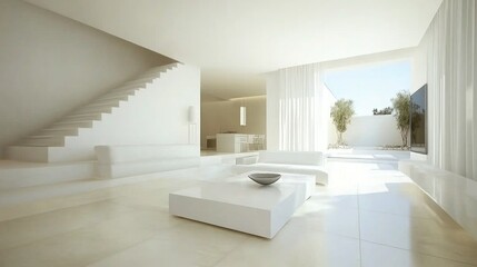 Bright and Airy Modern Interior Design with Minimalist Furnishings and Open Space, Featuring Natural Light and Clean Lines